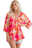 Orange Abstract Print 3/4 Sleeve V Neck Ruffled Babydoll Blouse