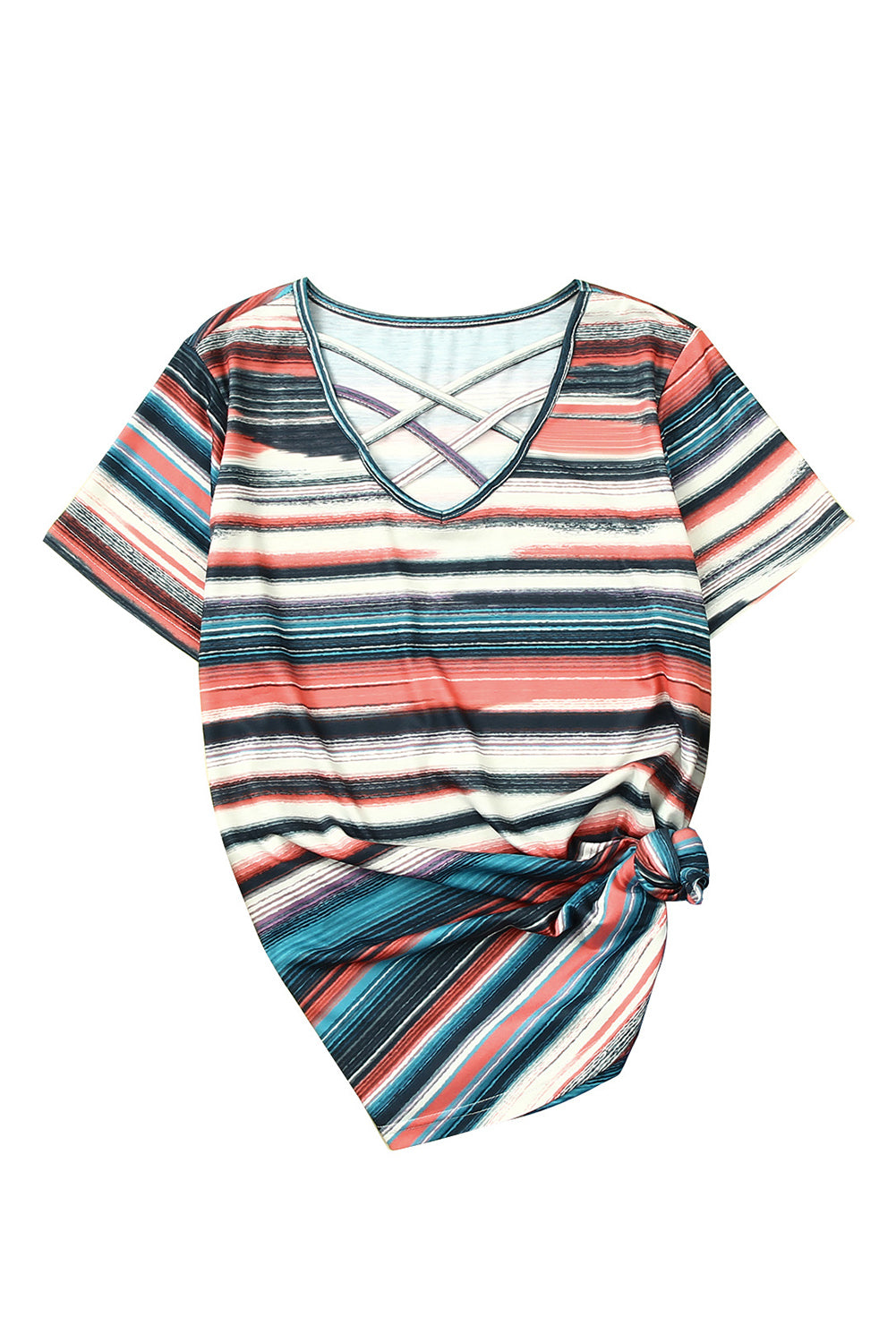 Striped Crisscross Neck Short Sleeve Top