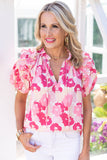 Split Neck Ruffled Puff Sleeves Floral Top