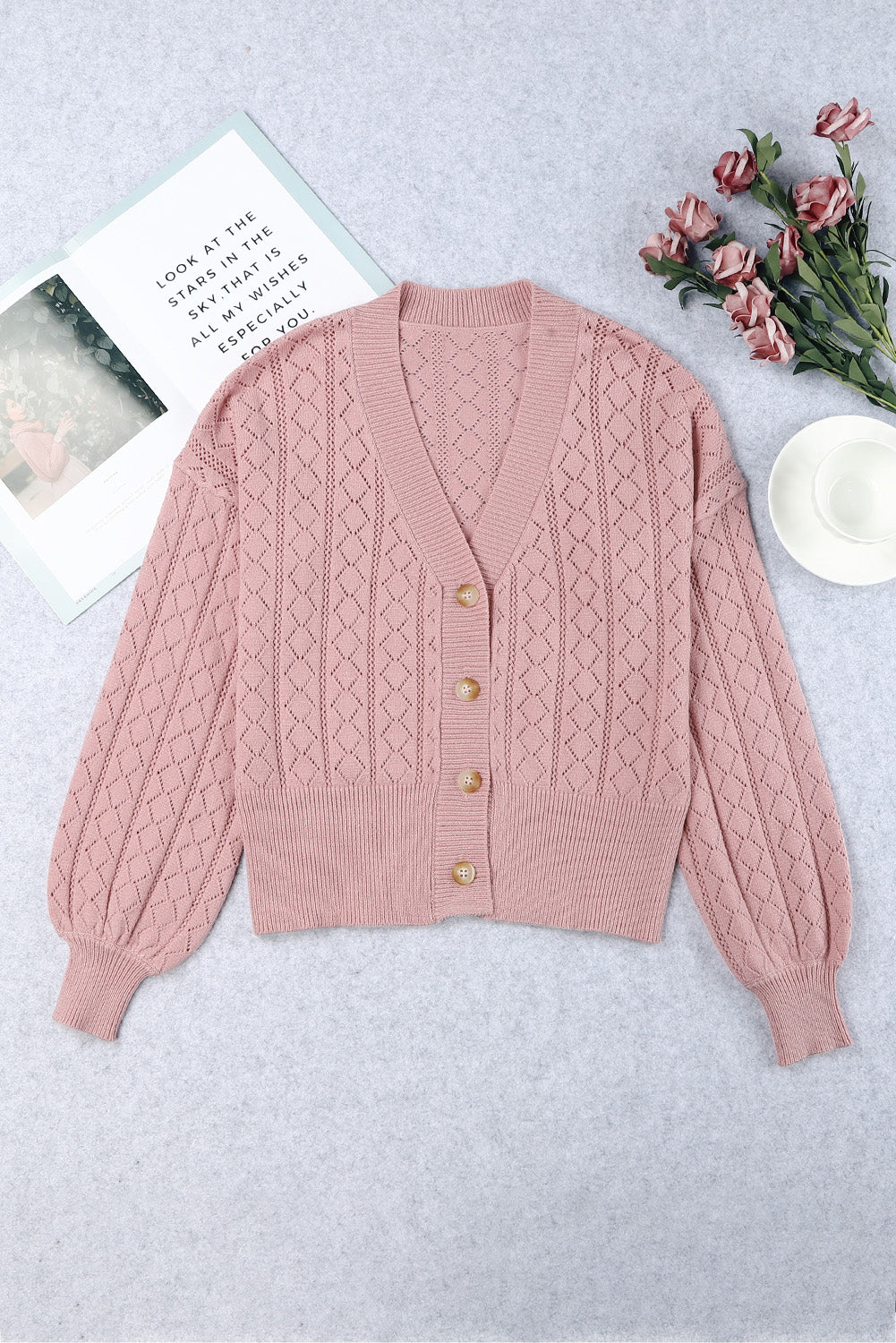 V Neck Buttoned Bishop Sleeve Cardigan