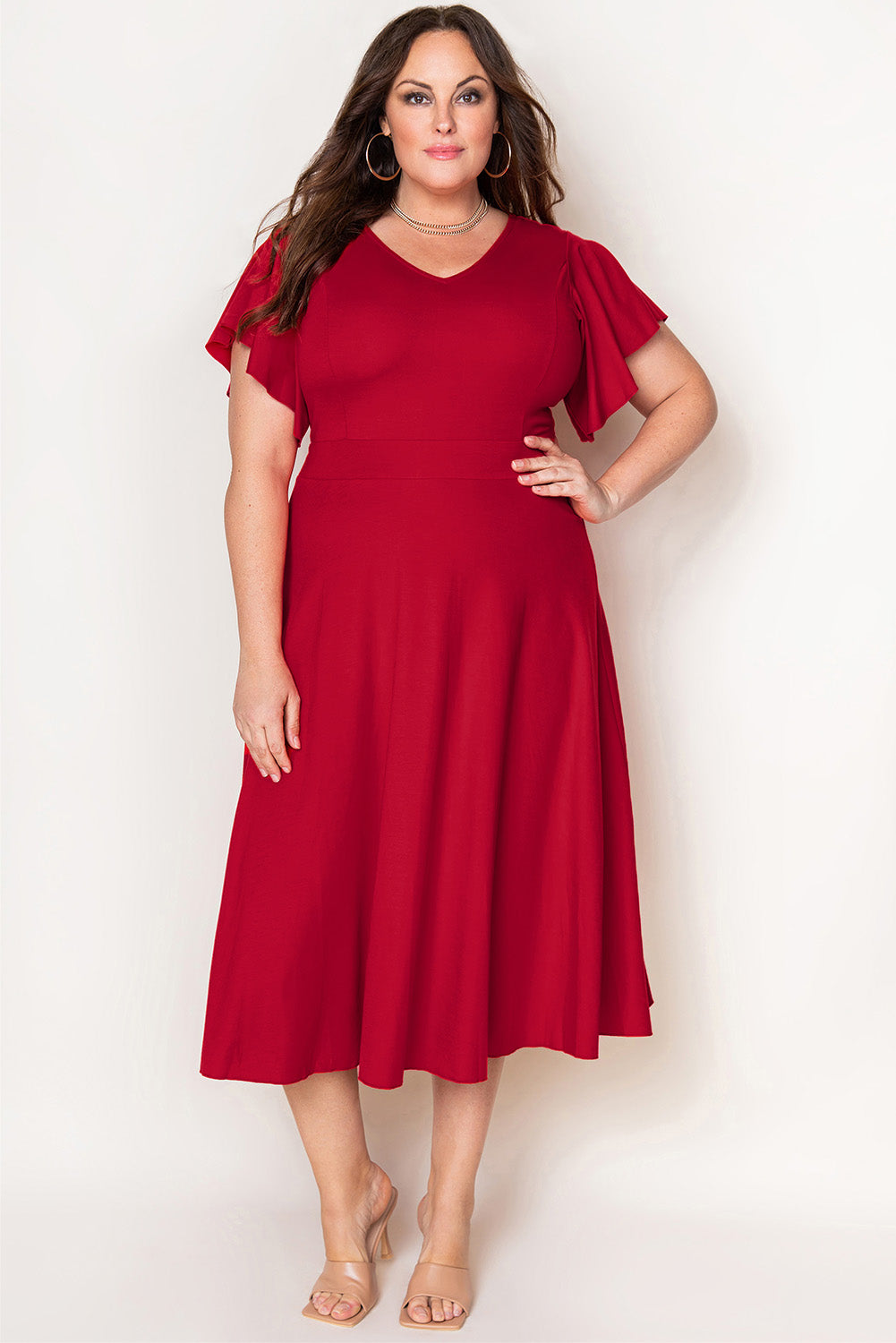 Plus Size Short Flutter Sleeve Midi Dress