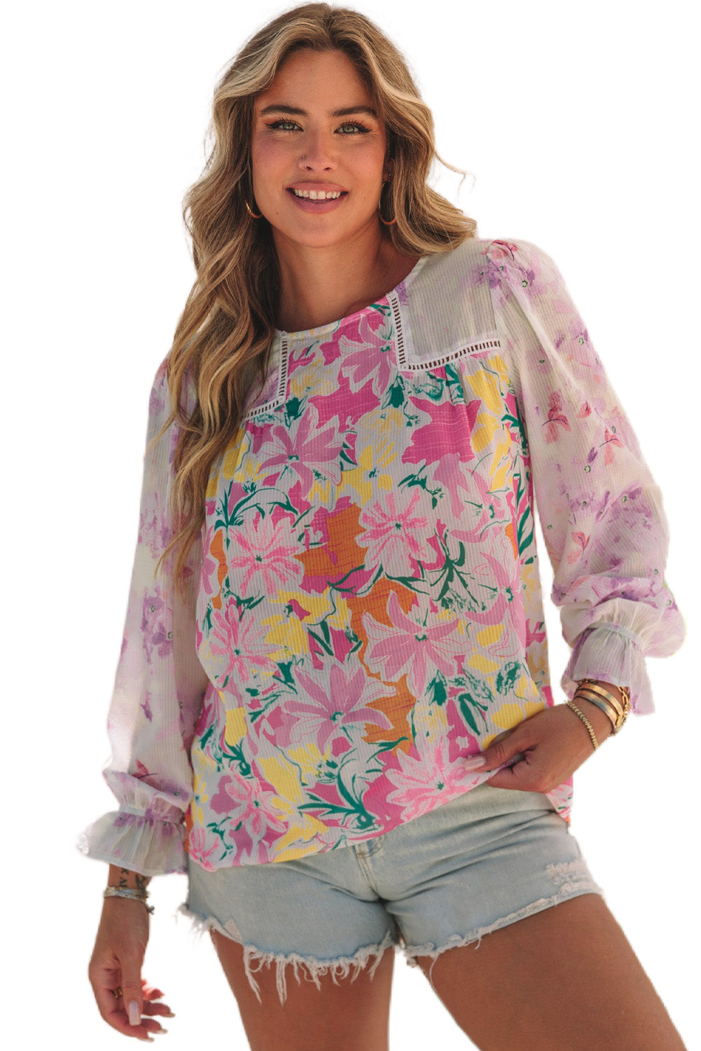 Floral Patchwork Lace Trim Blouse