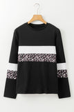 Khaki Leopard Colorblock Patchwork Crew Neck Long Sleeve Tee