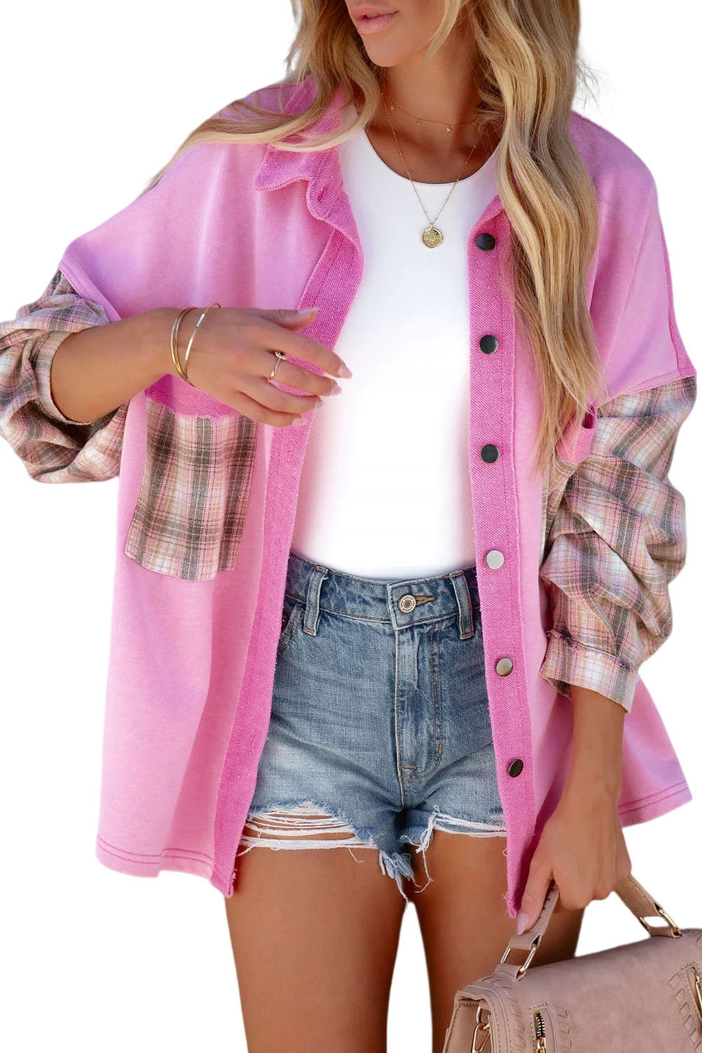 Plaid Patchwork Chest Pockets Oversized Shirt Jacket