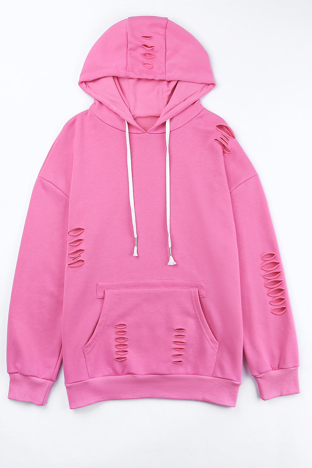 Sweat à capuche déchiré uni rose avec poche kangourou