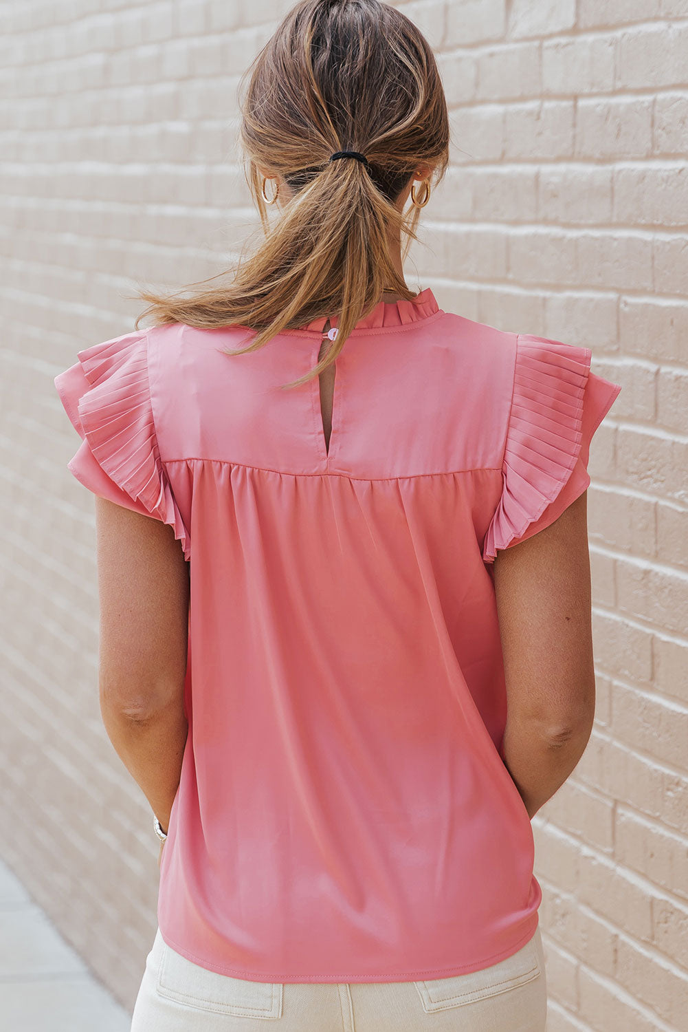 Satin Fringed Ruffle Sleeve Mock Neck Blouse