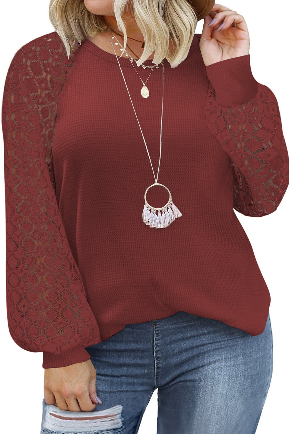 Khaki Lace Long Sleeve Textured Pullover