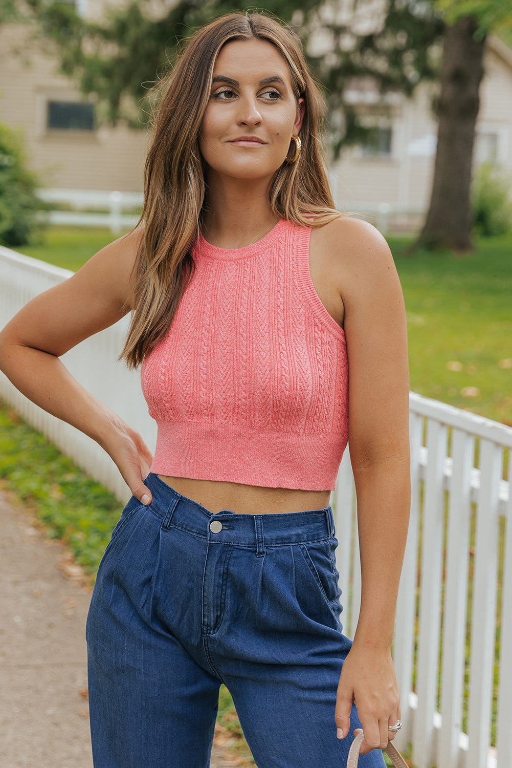 Cable Knit Ribbed Trim Sleeveless Crop Top