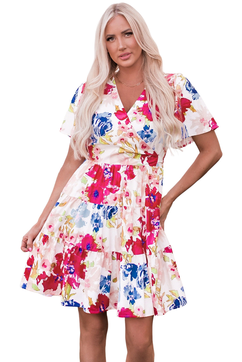 Sweet Floral Wrap V Neck Skater Dress