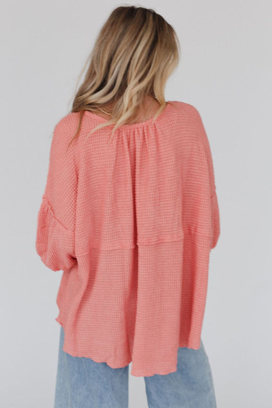 Waffled Bracelet Sleeve Oversized Henley Top