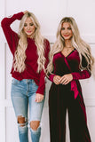 Red Solid Color Patchwork Long Sleeve Top