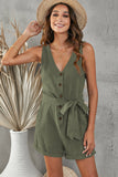 Button V Neck Romper with Belt