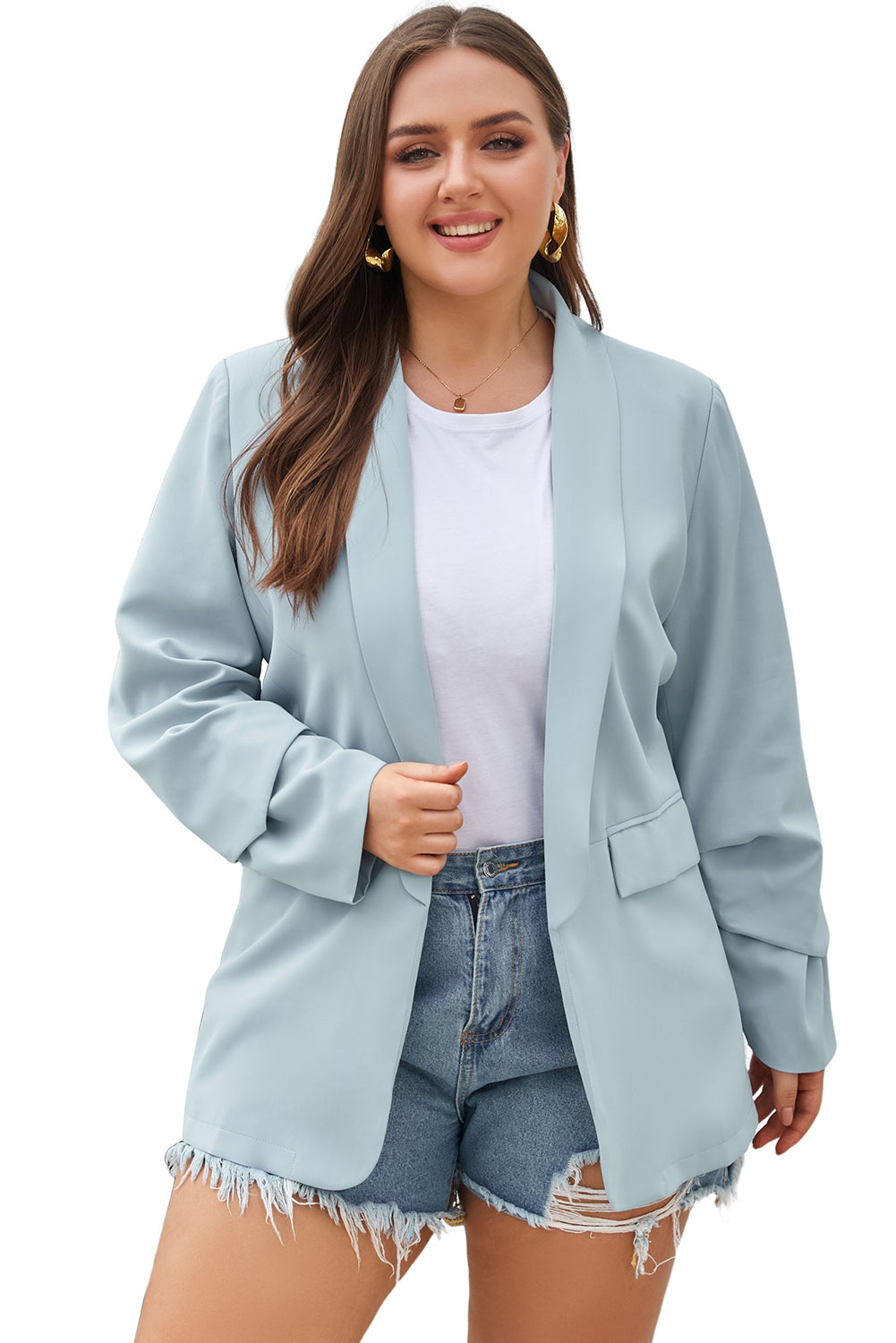 Blazer à Revers avec Poches Léger et Doux de Grande Taille Bleu Ciel