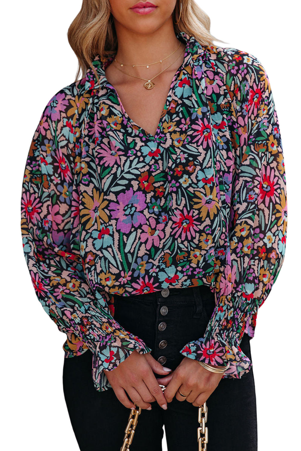 Blouse multicolore à col en V et manches longues à volants et imprimé floral