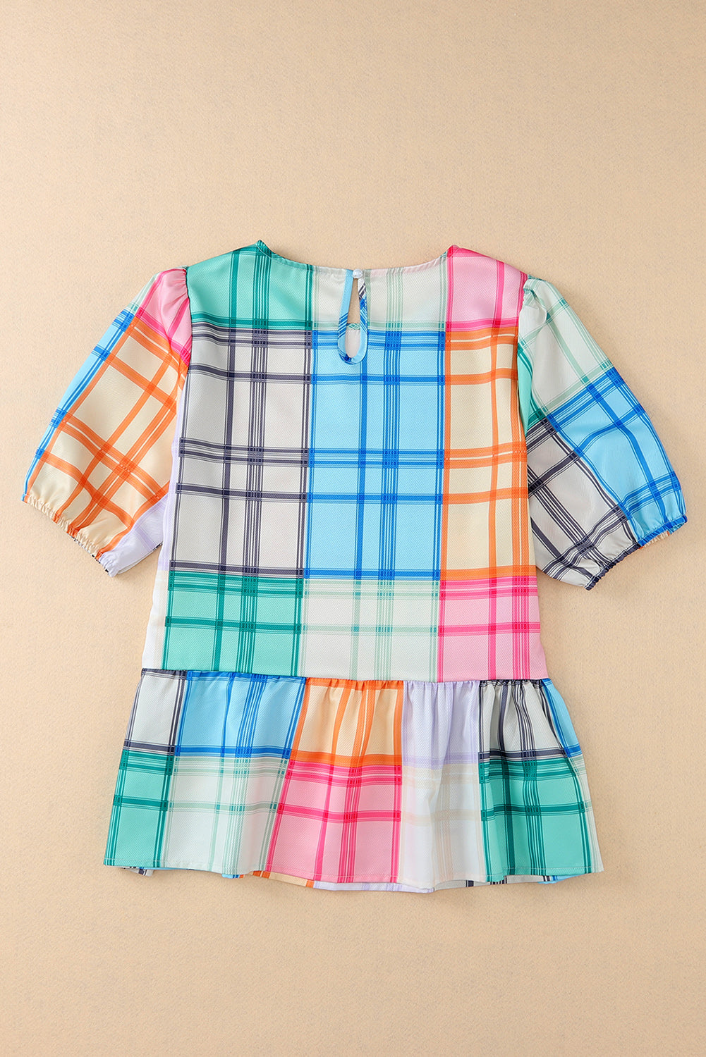 Bold Plaid Color Block Puff Sleeve Peplum Top