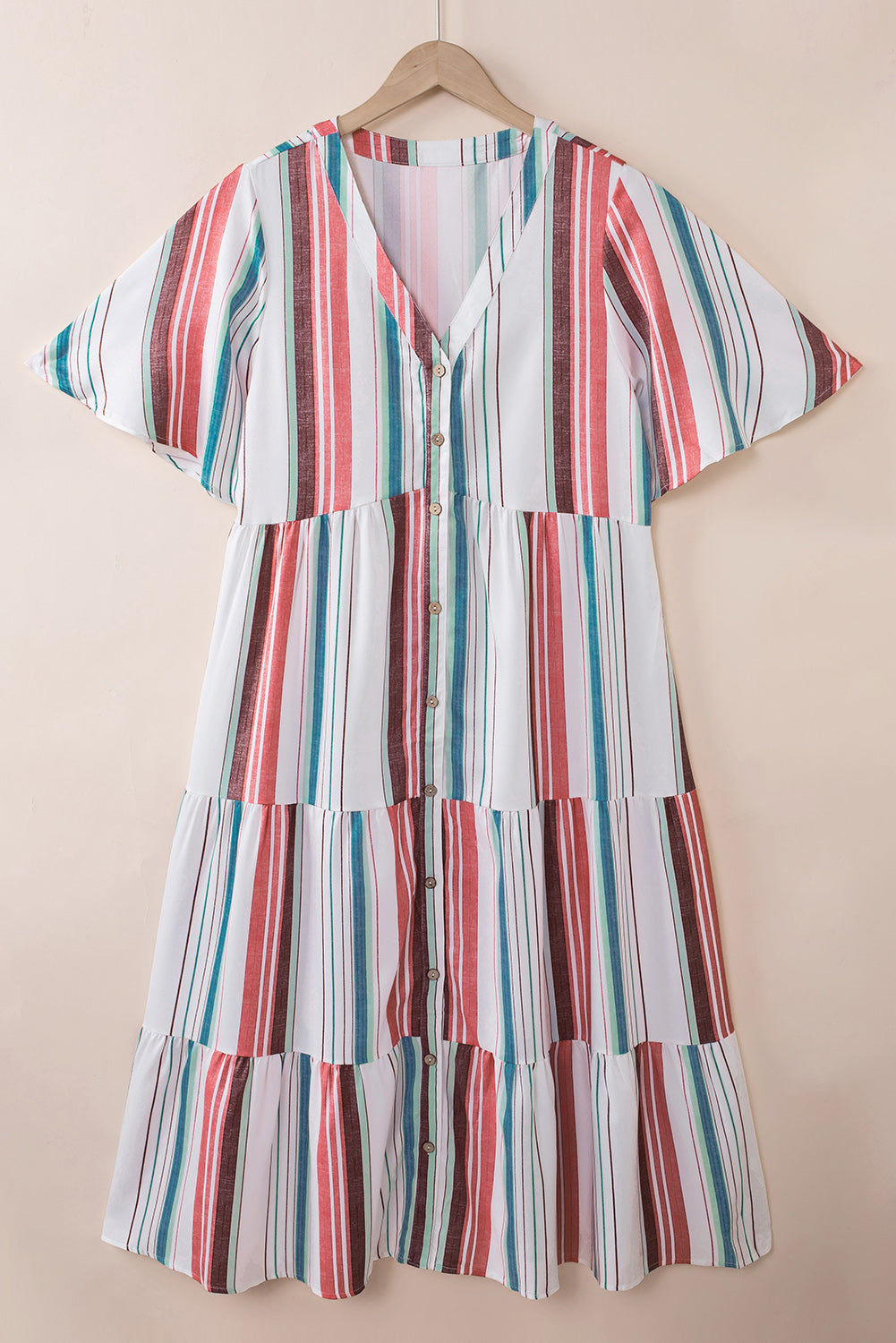 Serape Striped V Neck Buttoned Shirt Dress