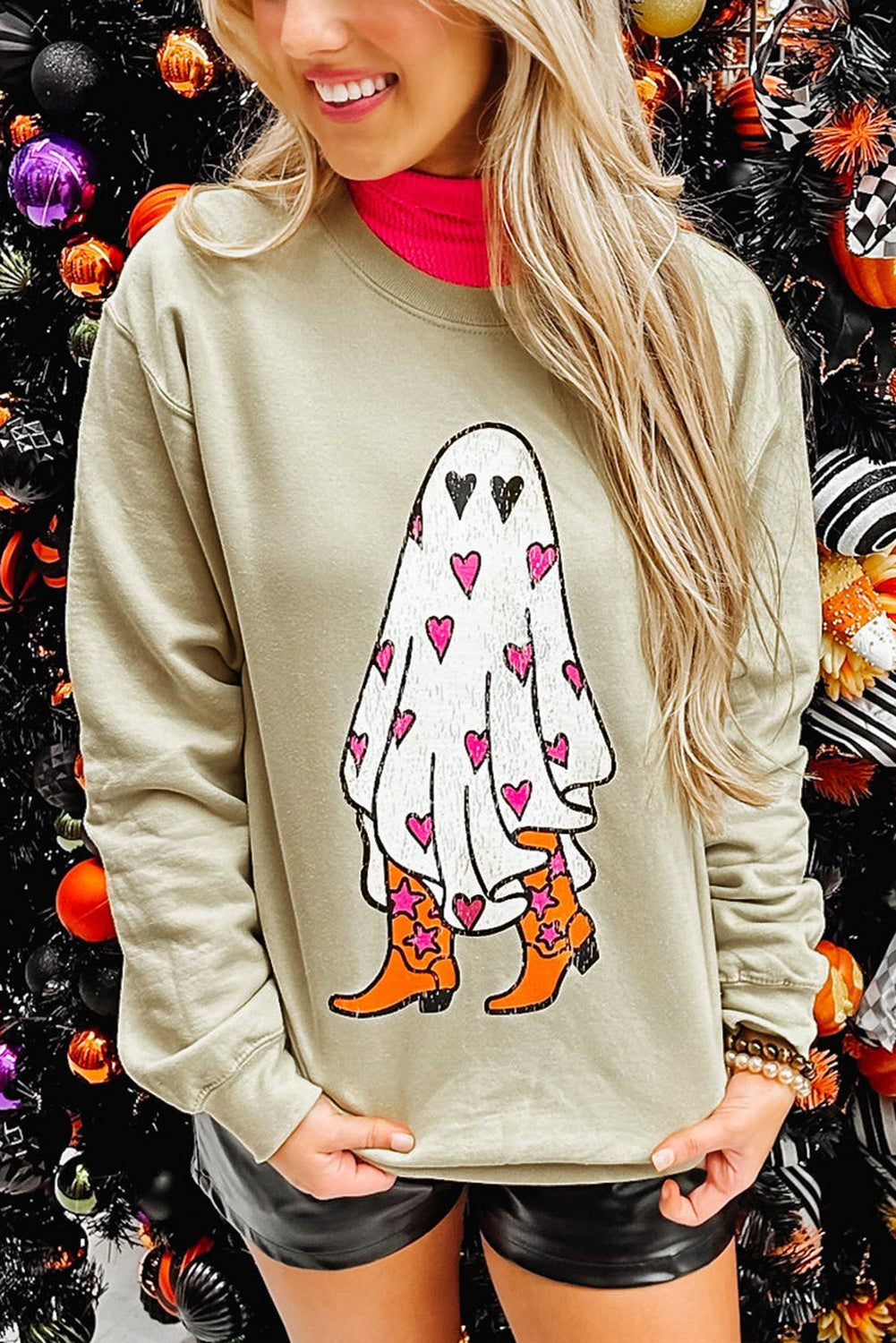 Black Halloween Spooky Ghost Print Crewneck Pullover Sweatshirt