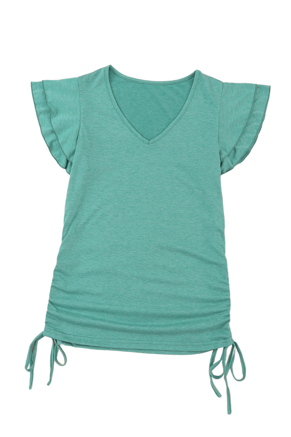 Ruffle Short Sleeves V Neck Drawstring Top