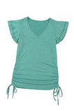 Ruffle Short Sleeves V Neck Drawstring Top