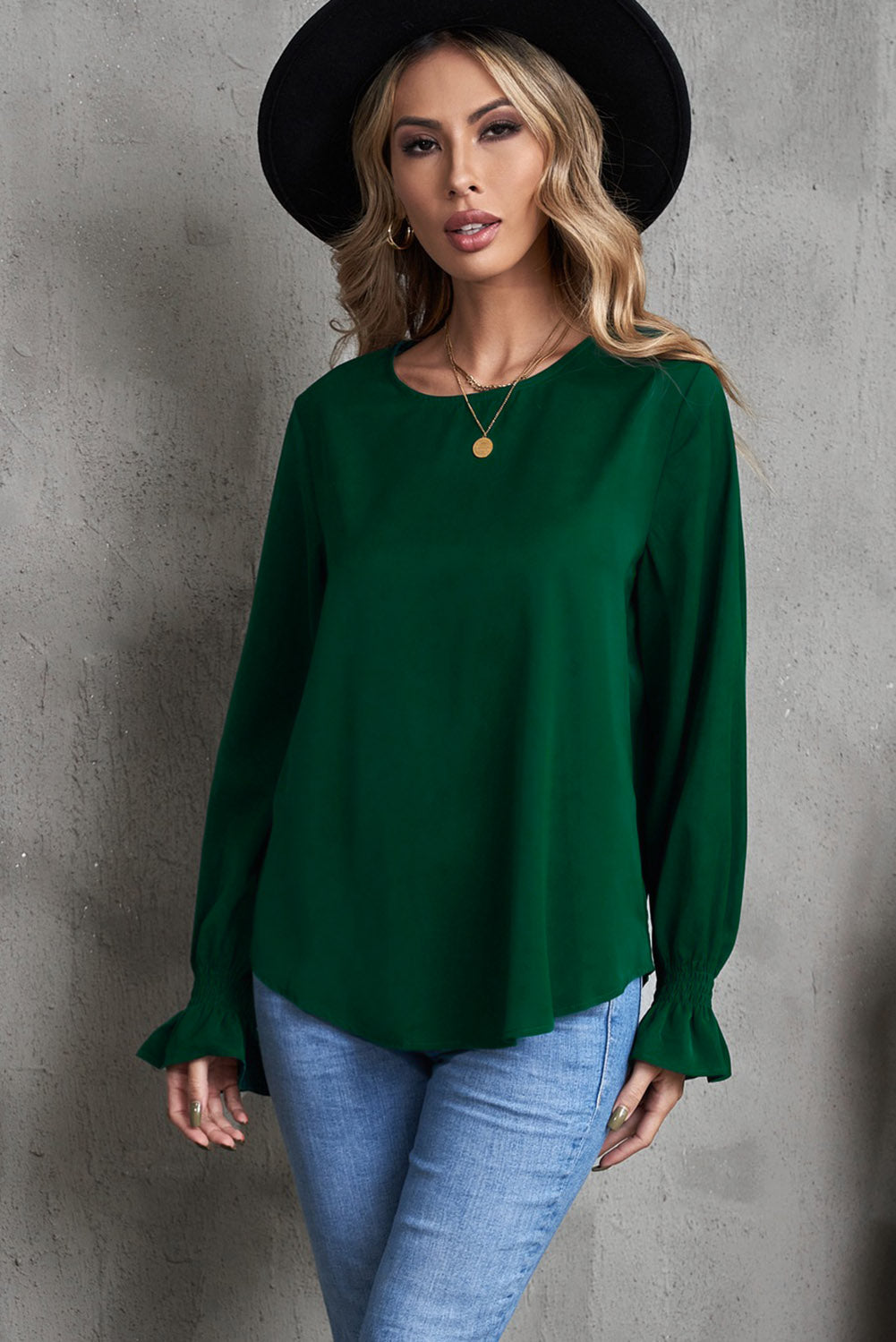 Crew Neck Ruffle Bubble Sleeve Top