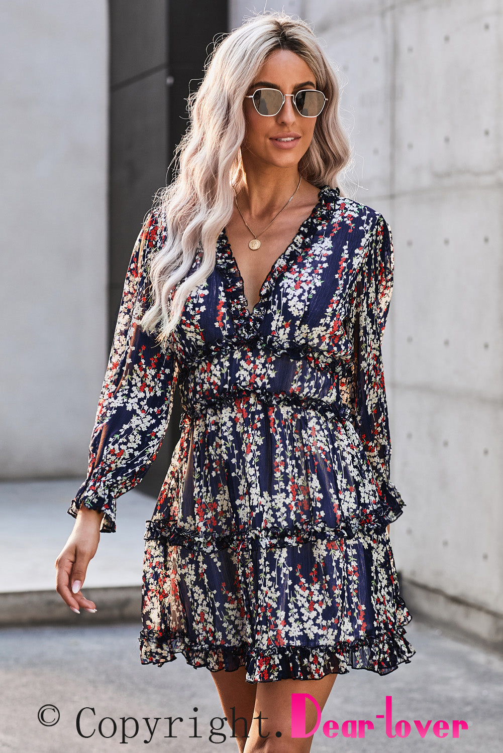 Ruffle Detailing Open Back Floral Dress