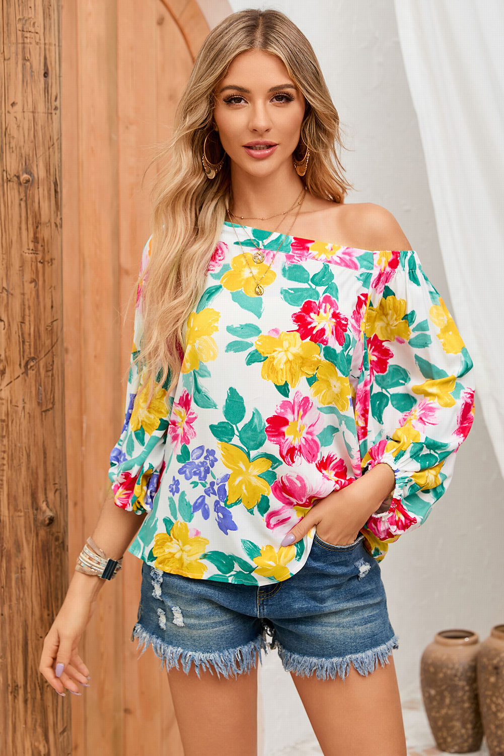 Colored Drawing Flowers Sexy Off Shoulder Top