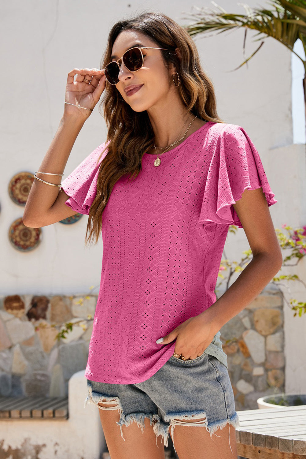 Flutter Sleeve Eyelet Textured Top