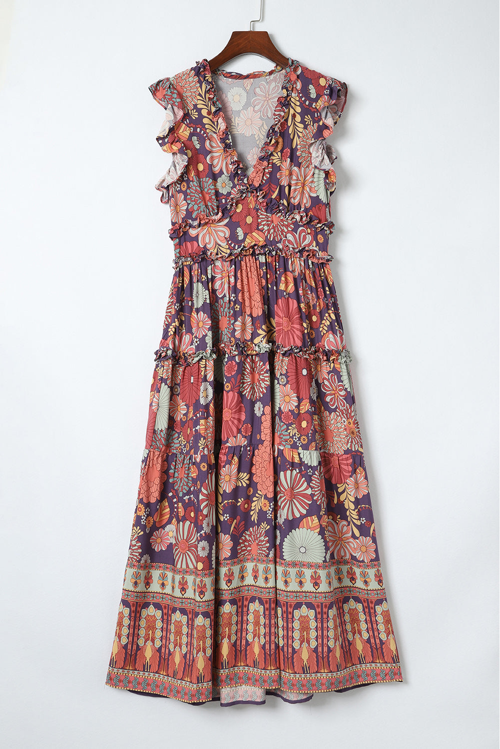 Vintage Ruffle Trim Floral Maxi Dress