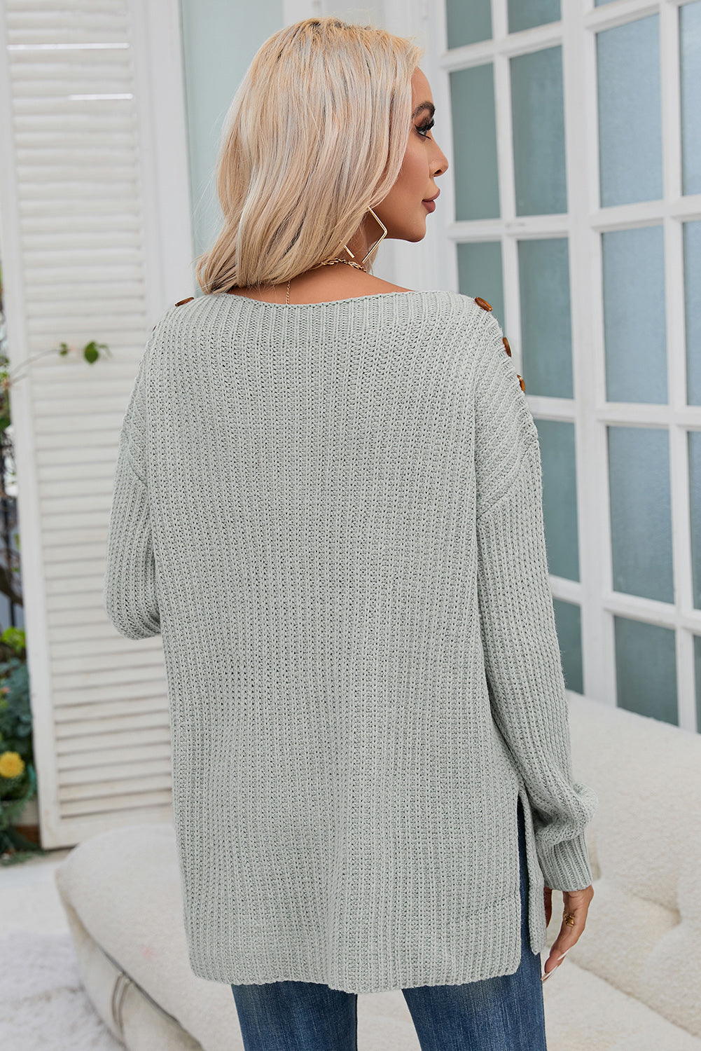 Buttoned Drop Shoulder Oversized Sweater