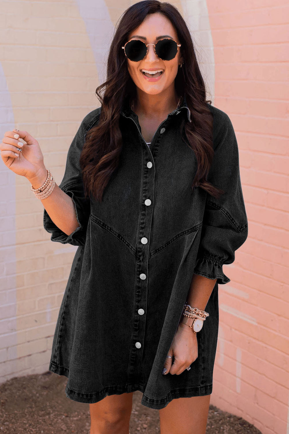 Gray Buttoned Long Sleeve Denim Mini Dress