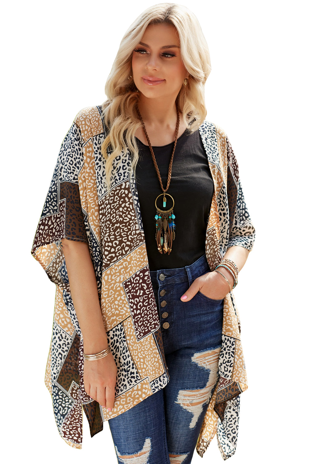 Leopard Color Block Open Front Kimono