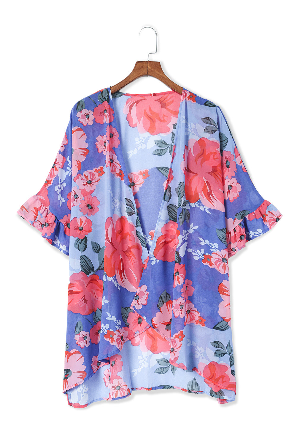 Floral Print Ruffled 3/4 Sleeve Loose Fit Kimono