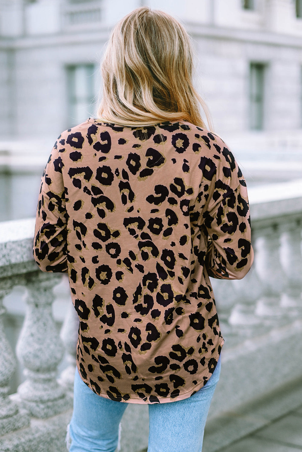 Leopard Split Joint V Neck Long Sleeve Top