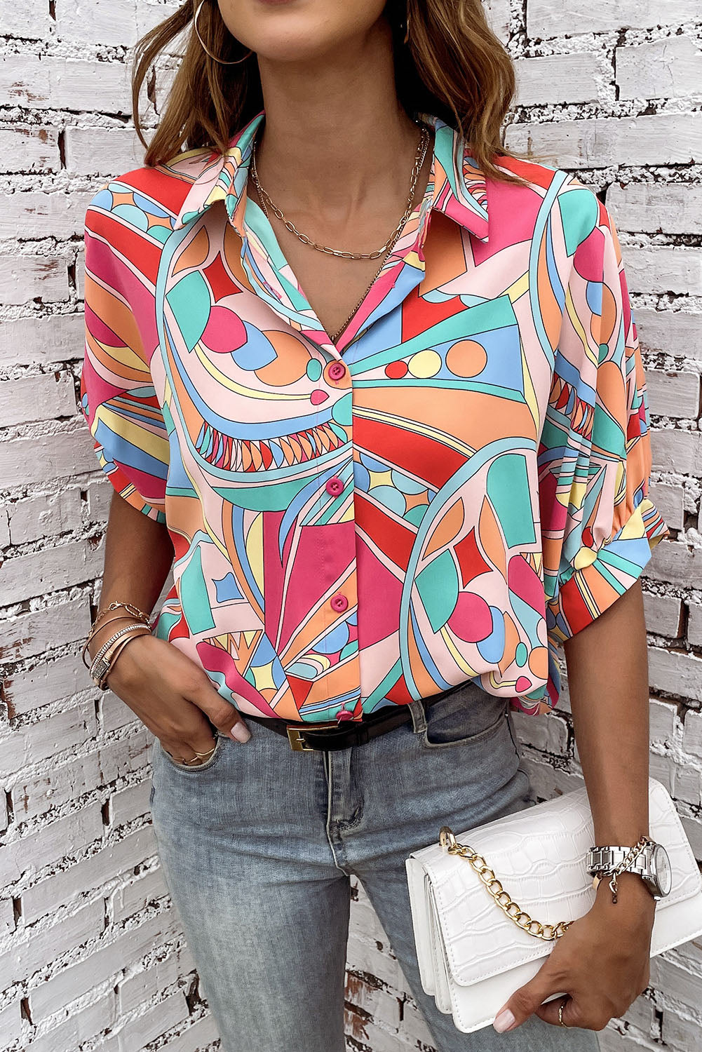 Abstract Geometry Print Half Puff Sleeve Loose Shirt