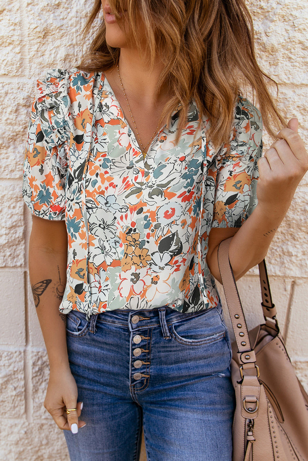 Split V Neck Puff Sleeve Flower Print Blouse