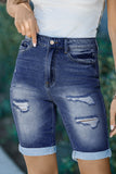 Roll-up Distressed Bermuda Denim Shorts