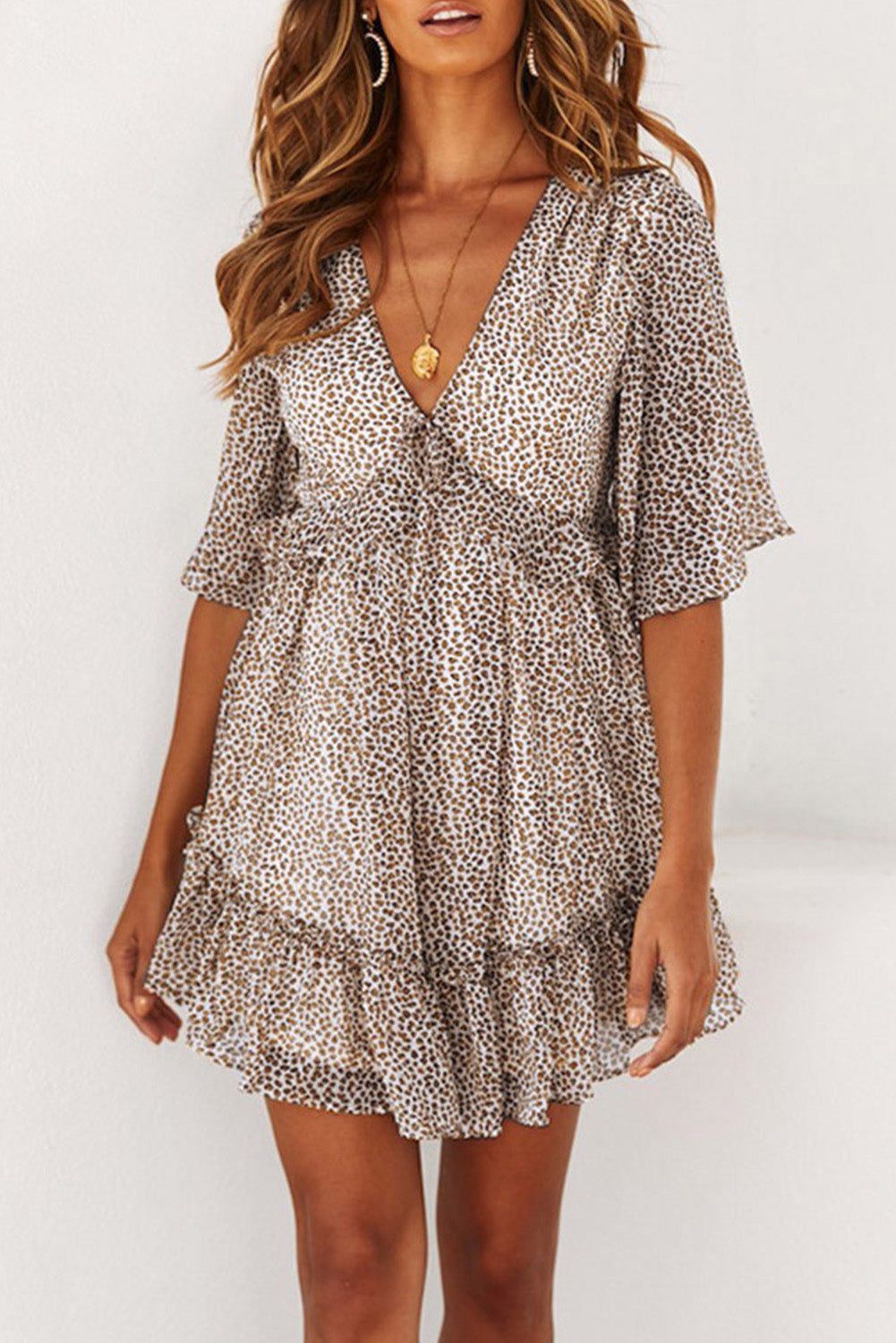 Leopard Print Ruffles Half Sleeve Dress