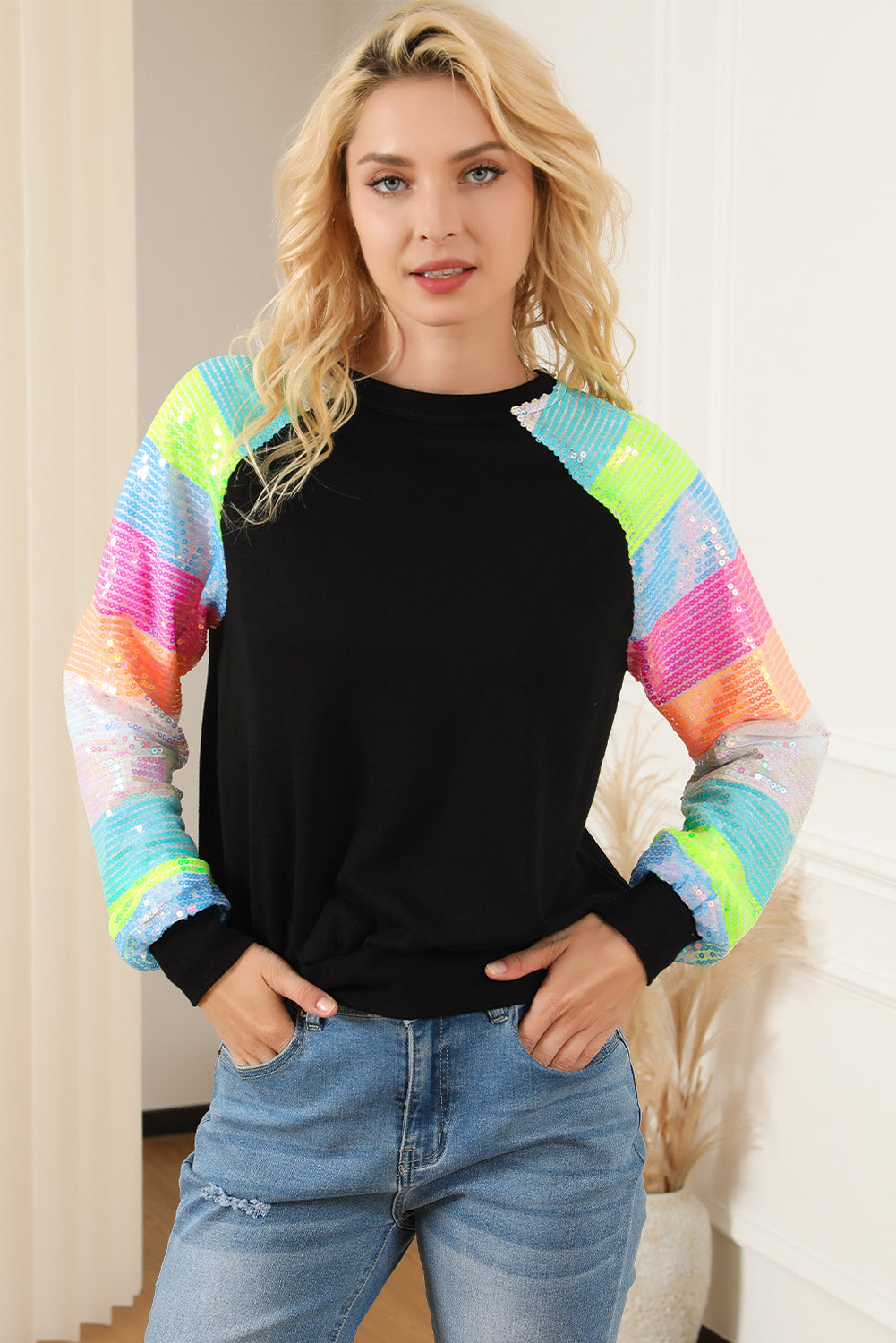 Sequin Color Block Raglan Sleeve Pullover Sweatshirt