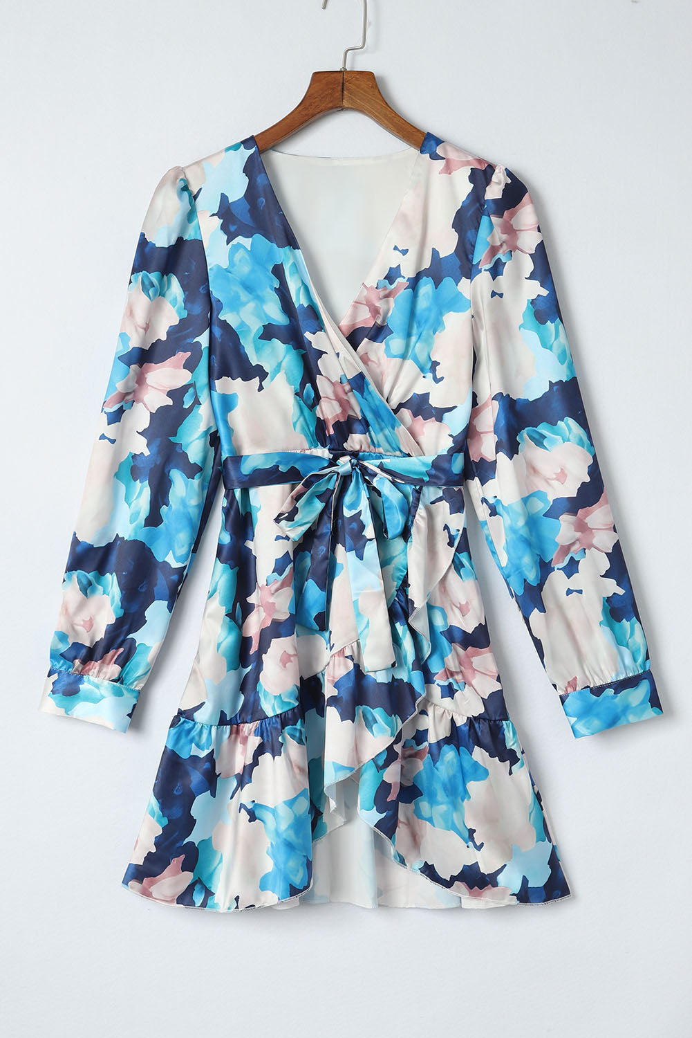 Abstract Floral Long Sleeve Tied Ruffle Dress