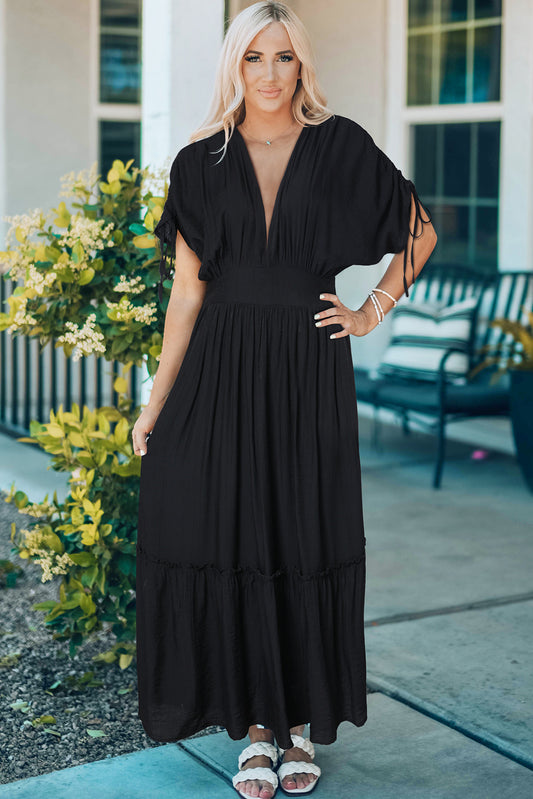 Drawstring Pleated Kimono Sleeve Ruffle Maxi Dress