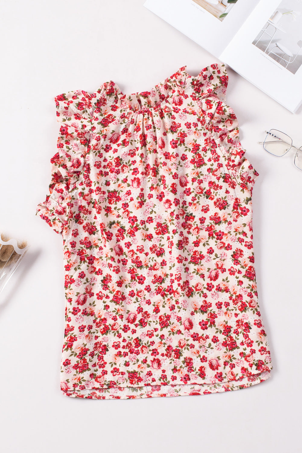 Floral Print Ruffled Mock Neck Sleeveless Top