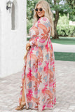 Tropical Plant Print Long Sleeve Wrap V-Neck Slit Maxi Dress