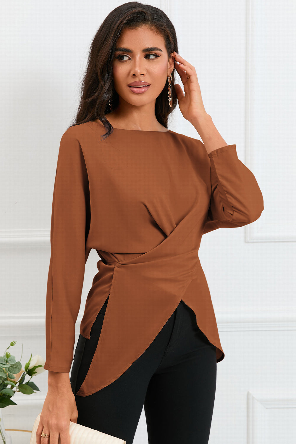 Lace-up Wrapped Split Hem Solid Long Sleeve Top