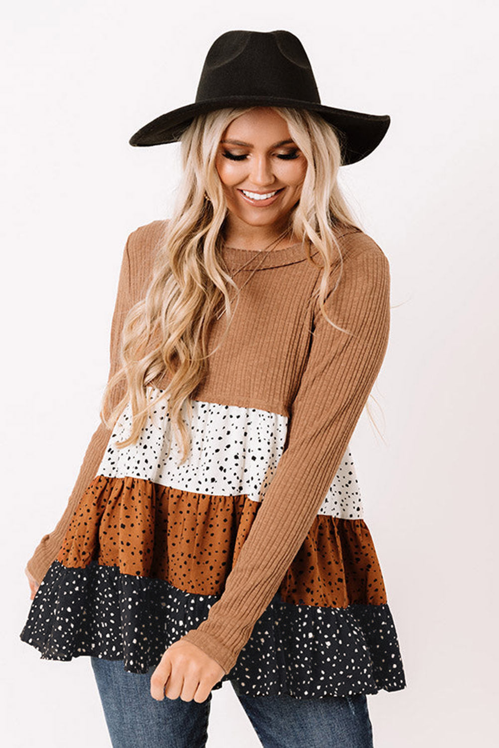 Ribbed Long Sleeve Dotted Tiered Ruffled Flowy Top