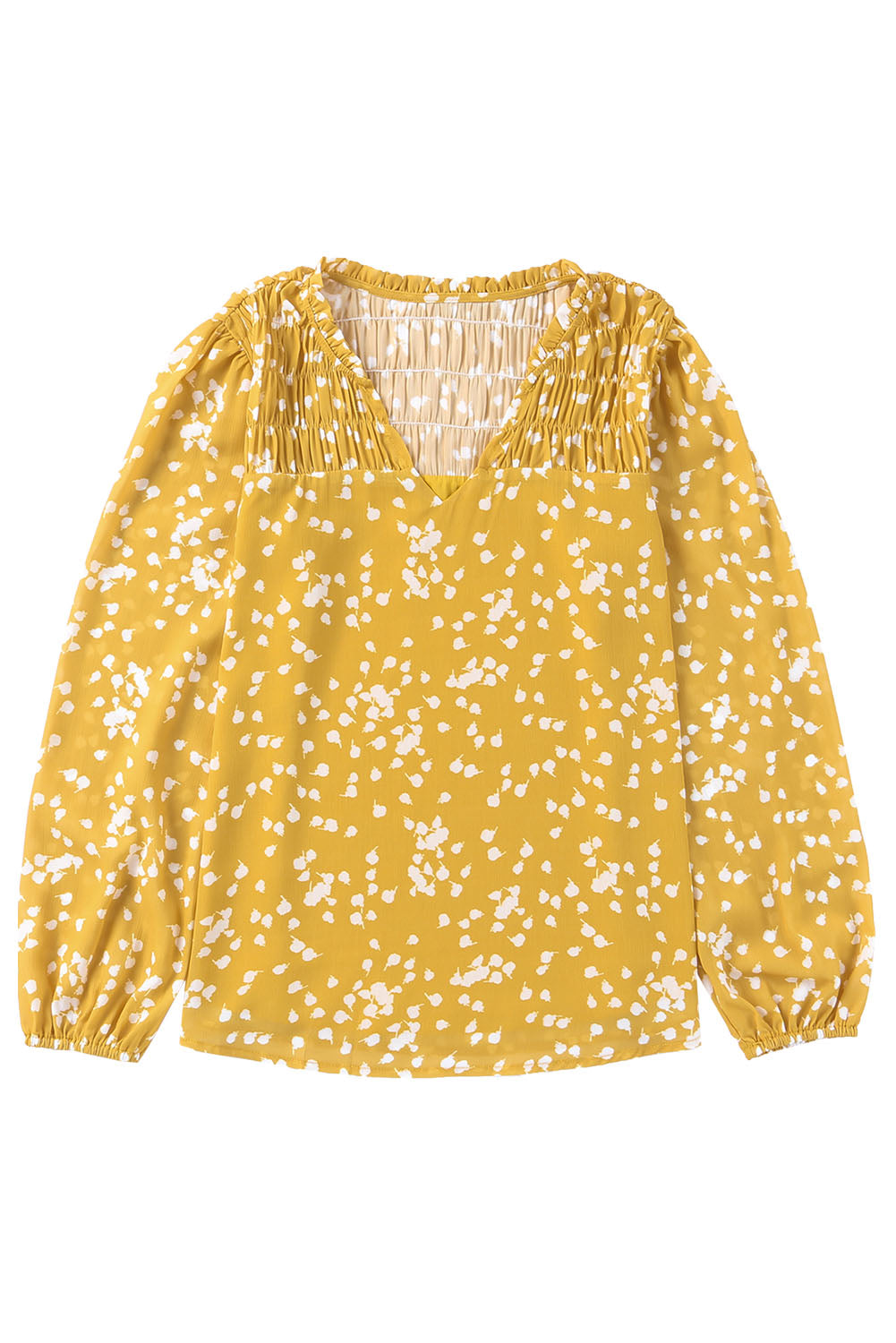 Blouse froissée imprimée jaune à col fendu d'automne