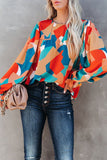 Abstract Pattern Crewneck Ruffled Puff Sleeve Blouse