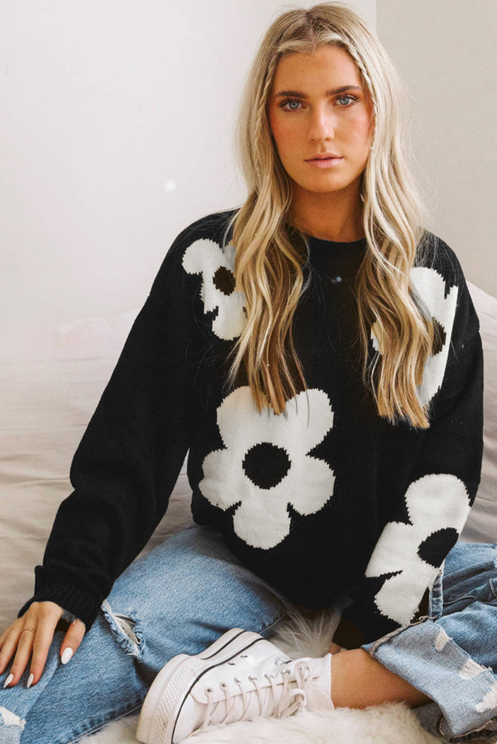 Big Flower Pattern Knit Sweater