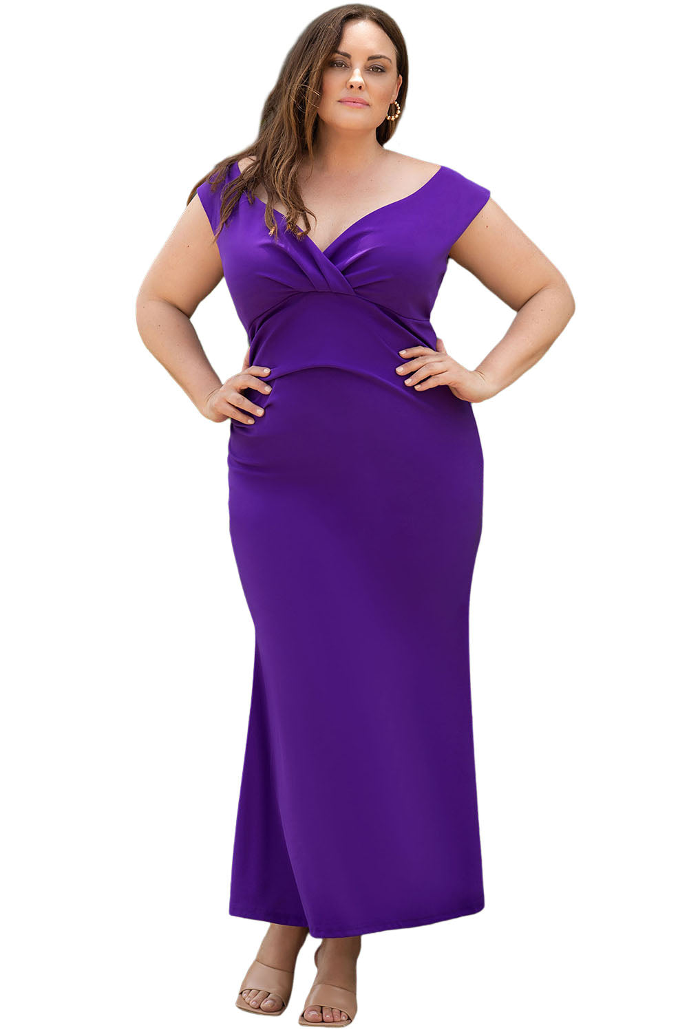 Plus Size Fit and Flare Pleated V Neck Maxi Dress