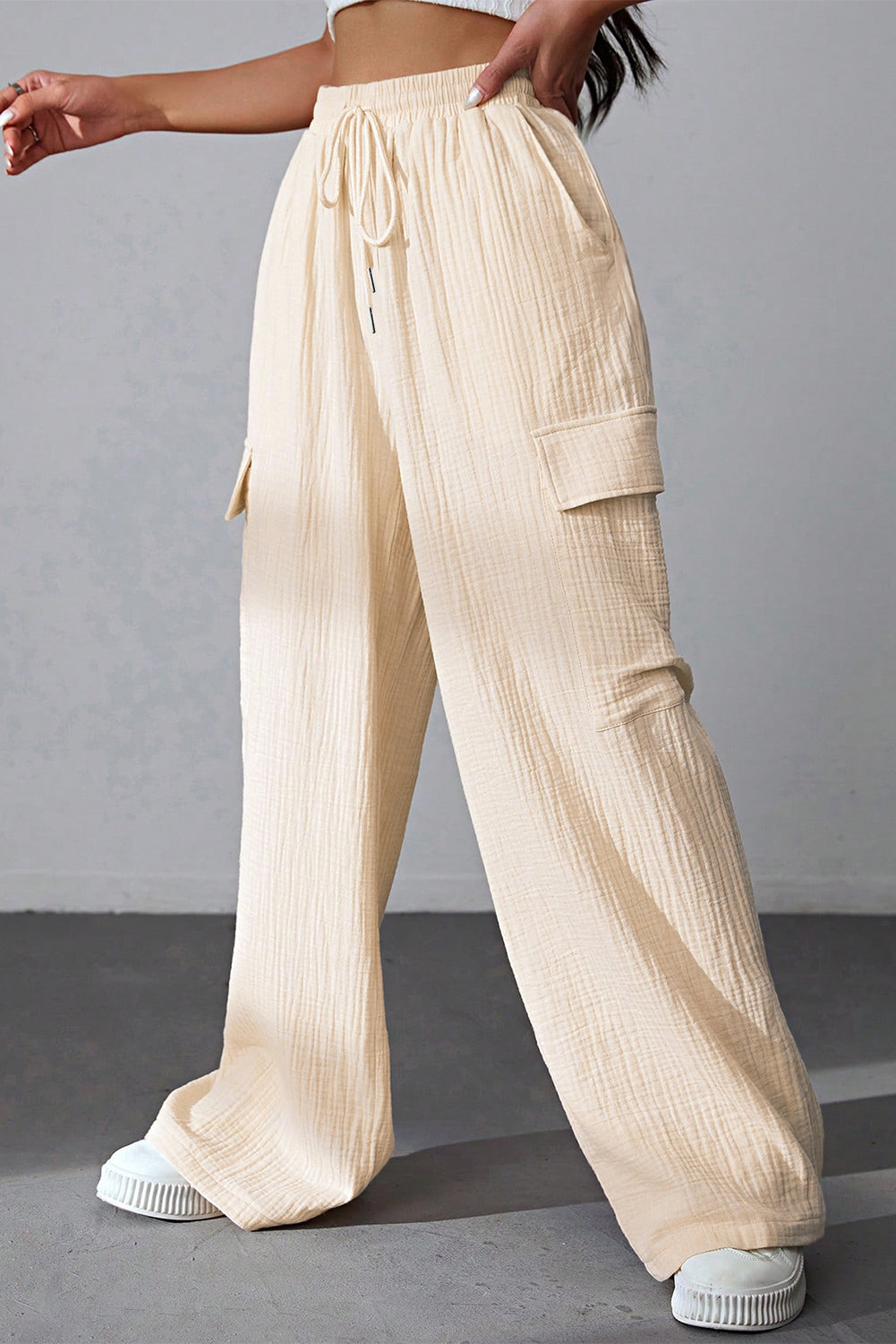 Apricot Loose Drawstring High Waist Crinkled Cargo Pants