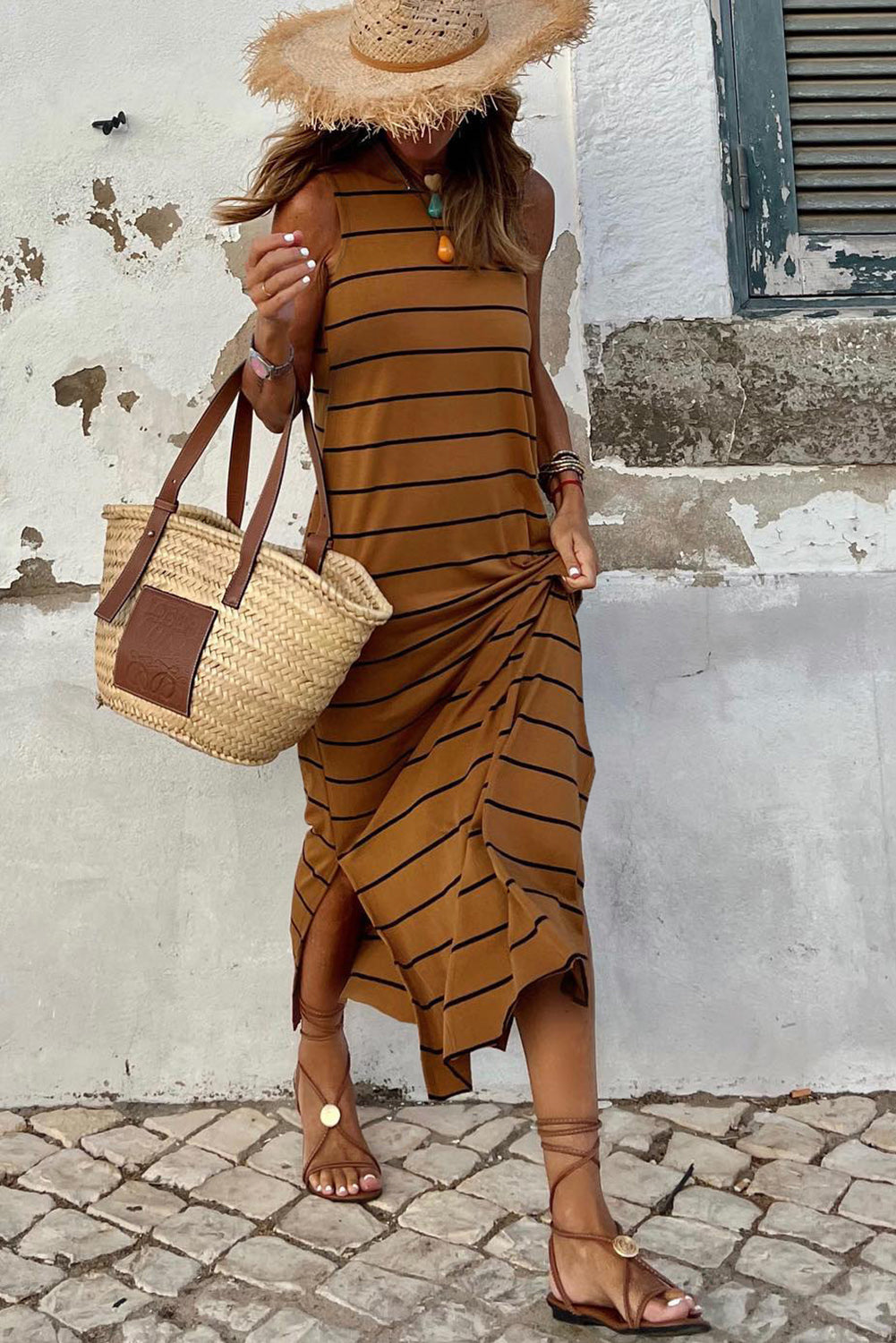 Khaki Stripe Print Open Back Sleeveless Maxi Dress with Slits